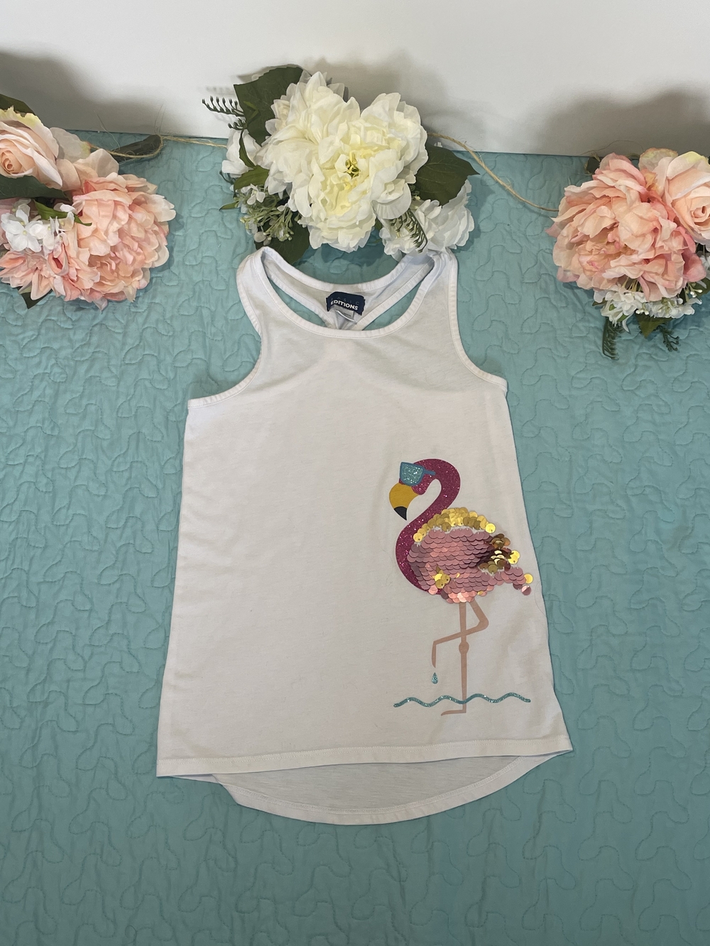 Basic Editions White Girls' Flamingo Sequin Tank Top